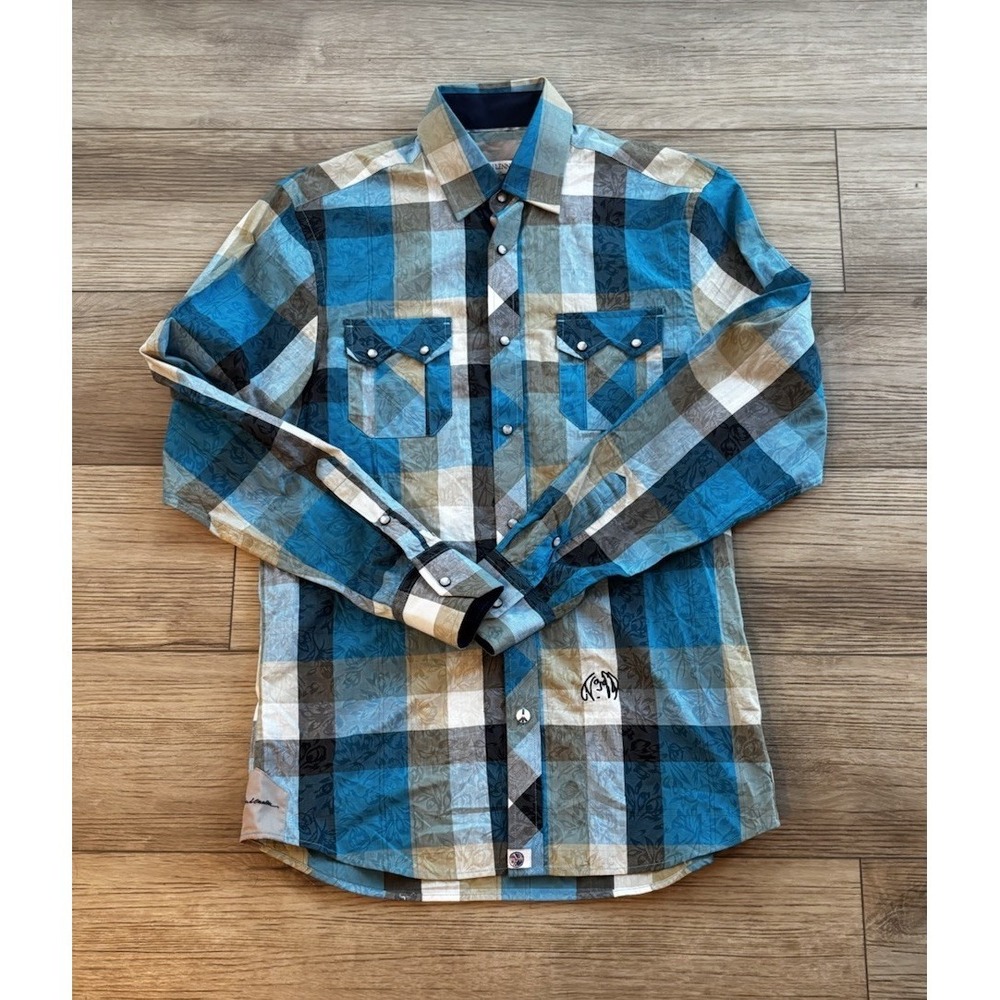 John‎ Lennon Men's Small Blue Plaid Floral Western Pearl Snap Beatles Music
